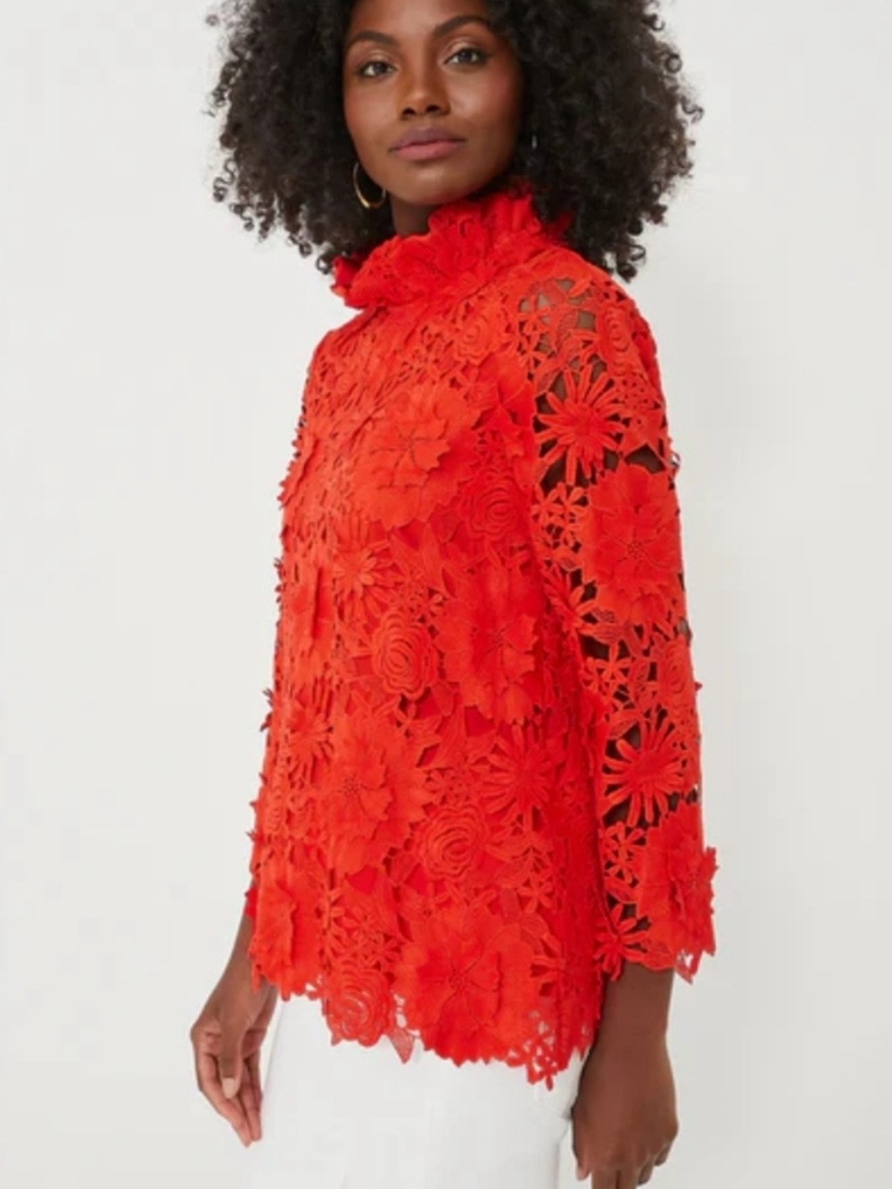 Tuckernuck Red Guipure Lace Faye Long Sleeve Blouse